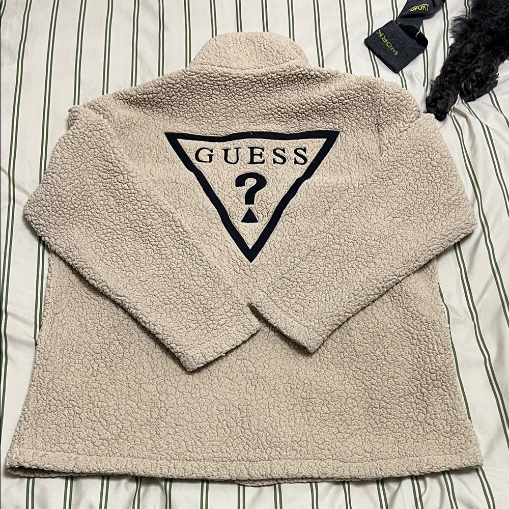 Guess Fleece Jacket in Beige with Logo